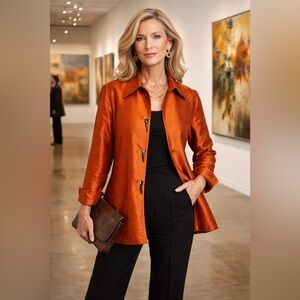 Gumps San Francisco Silk Jacket L Copper Burnt Orange Shimmer Button Front Luxe